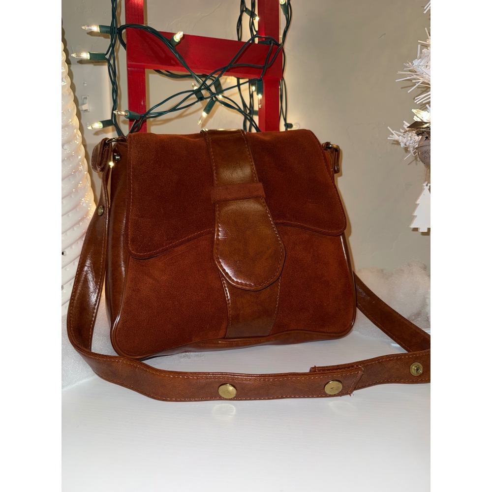Kadin Brown Suede Faux Leather Flap Shoulder Bag Medium Vintage Style
